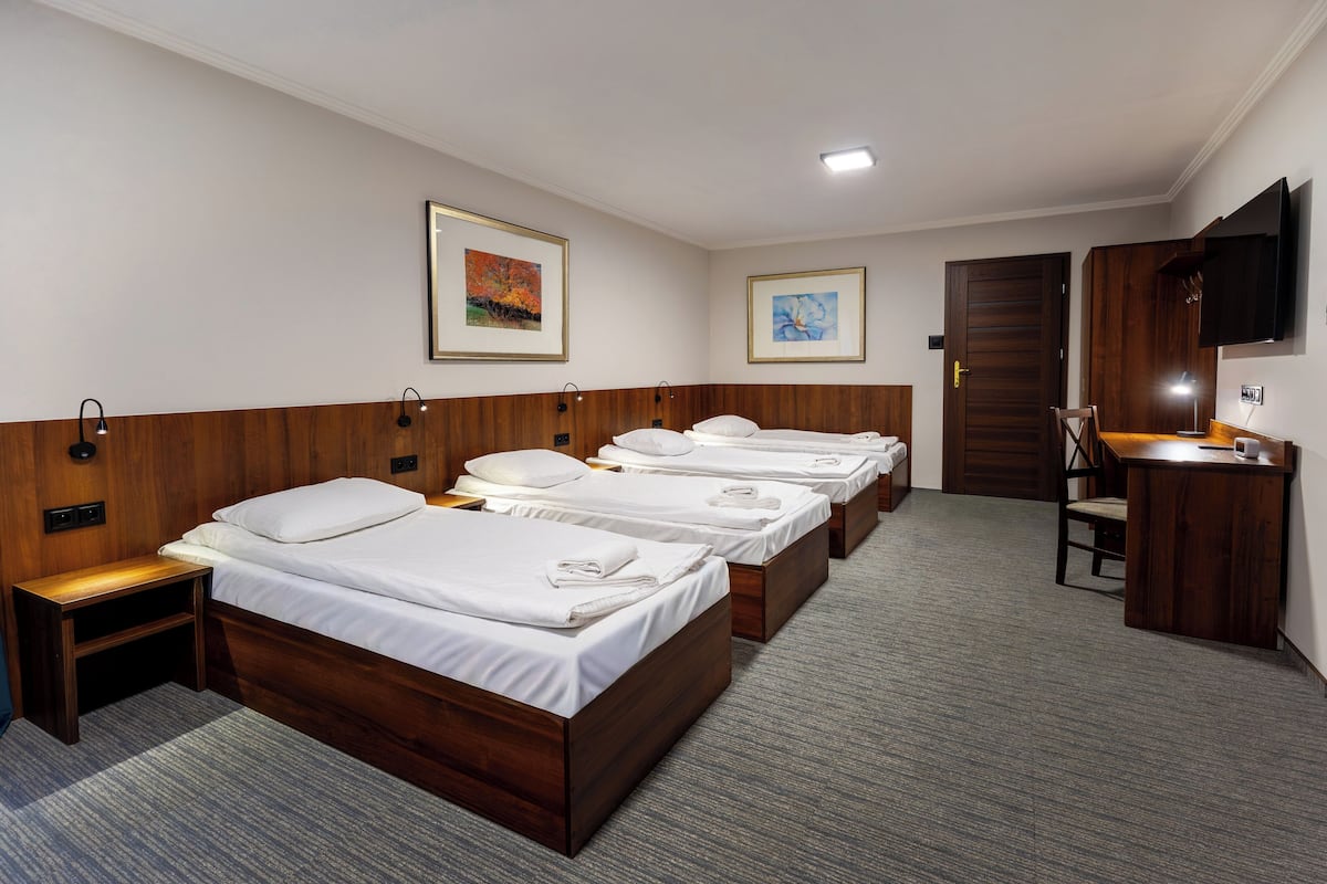 Een hotelkamer met vier enkele bedden, een bureau met stoel, een aan de muur bevestigde televisie en twee ingelijste foto's.