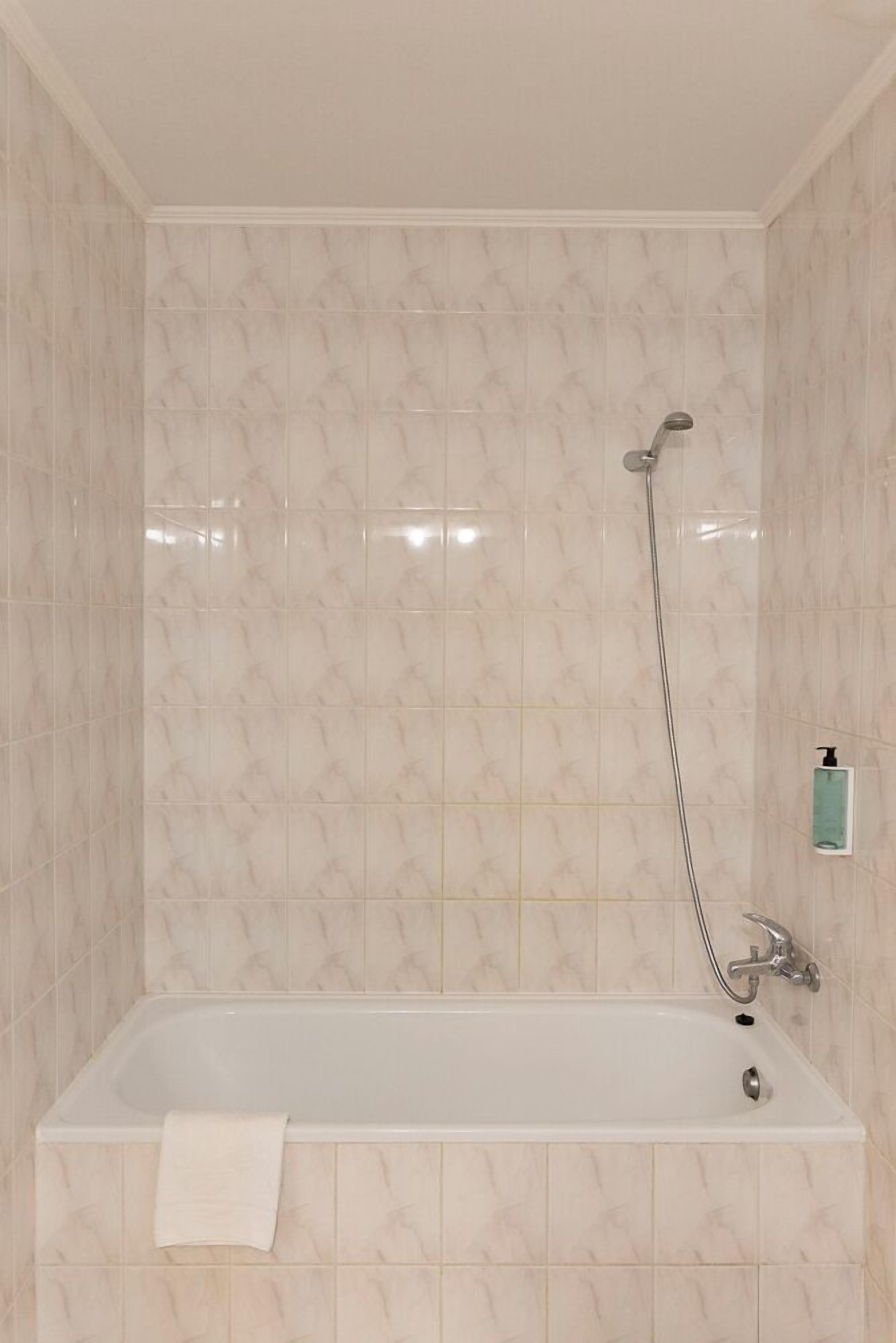 A bathroom with a white bathtub, a handheld showerhead, and a soap dispenser on the wall.