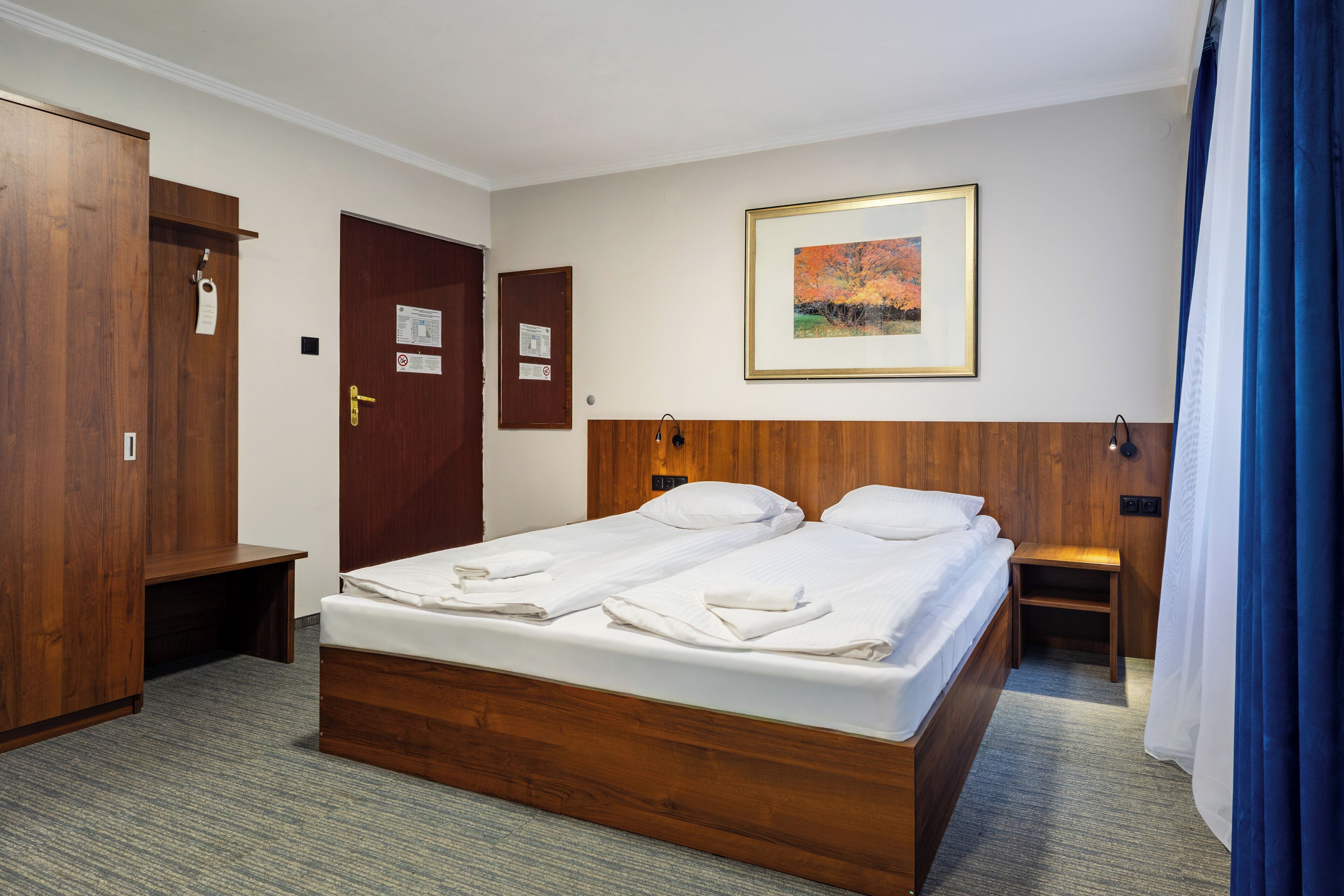 Habitación de hotel con cama de madera, dos almohadas, mesita de noche, armario y un cuadro en la pared.