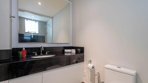 Un baño moderno con encimera negra, un espejo grande, un inodoro blanco y una zona de ducha visible a través de la puerta de cristal.