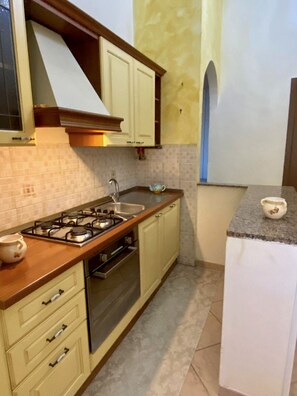 A compact kitchen with a gas stove, sink, and a small countertop. - Il Granaio del Barone - Historic Villa in Cilento (Casal Velino)