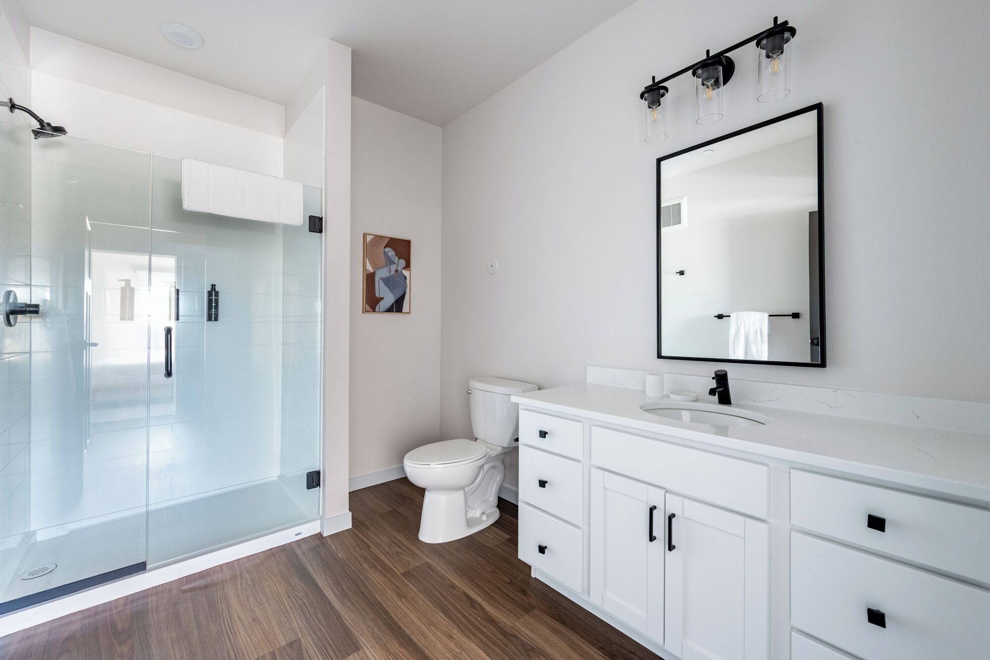 A modern bathroom with a glass shower enclosure, a white toilet, and a white vanity with a large mirror.