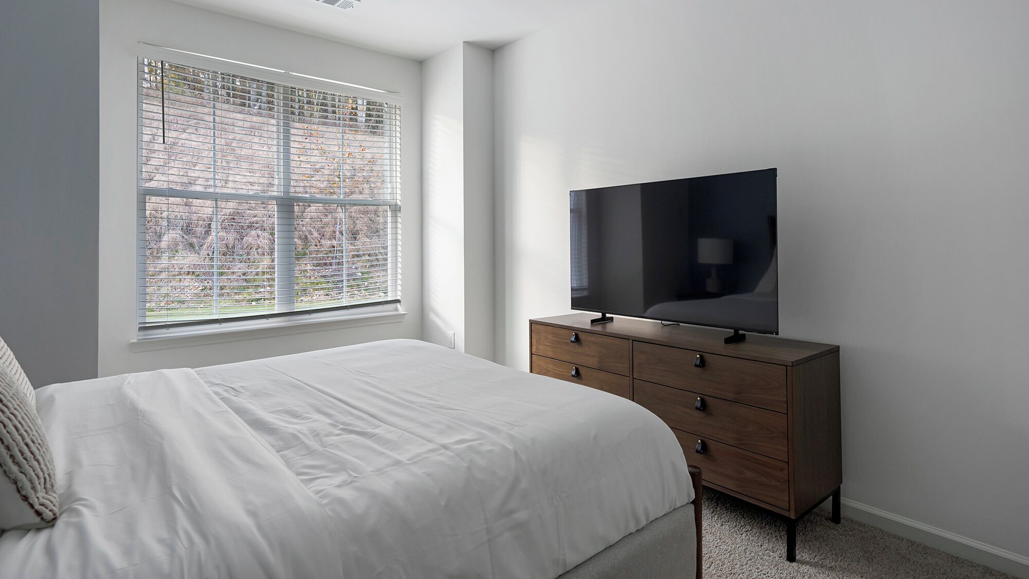 A bedroom with a bed, a dresser, a television, and a window with blinds.