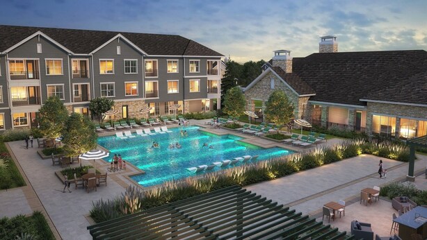 A hotel with a swimming pool surrounded by lounge chairs and a patio area. - Landing Apartments Birmingham - Sand Ridge (Birmingham)