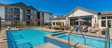 Seasonal outdoor pool, pool loungers