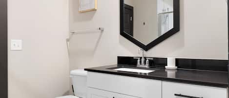 A modern bathroom with a black countertop, white sink, and a large mirror.