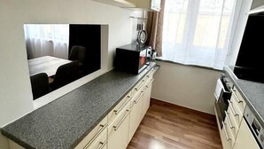 A compact kitchen with a built-in oven, a microwave, and a sink. - 2 rooms apartment near Schönbrunn palace (Vienna)