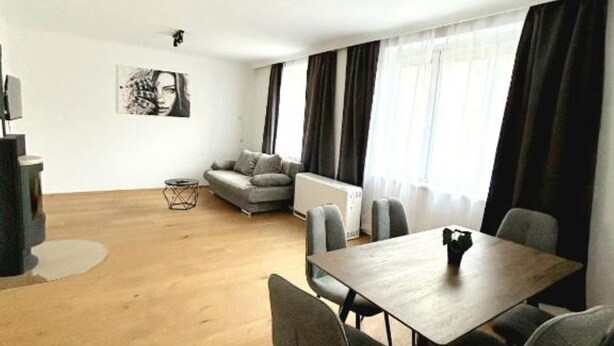 A spacious living area with a wooden floor, a grey sofa, a dining table with four chairs, and a large window with curtains. - 2 rooms apartment near Schönbrunn palace (Vienna)