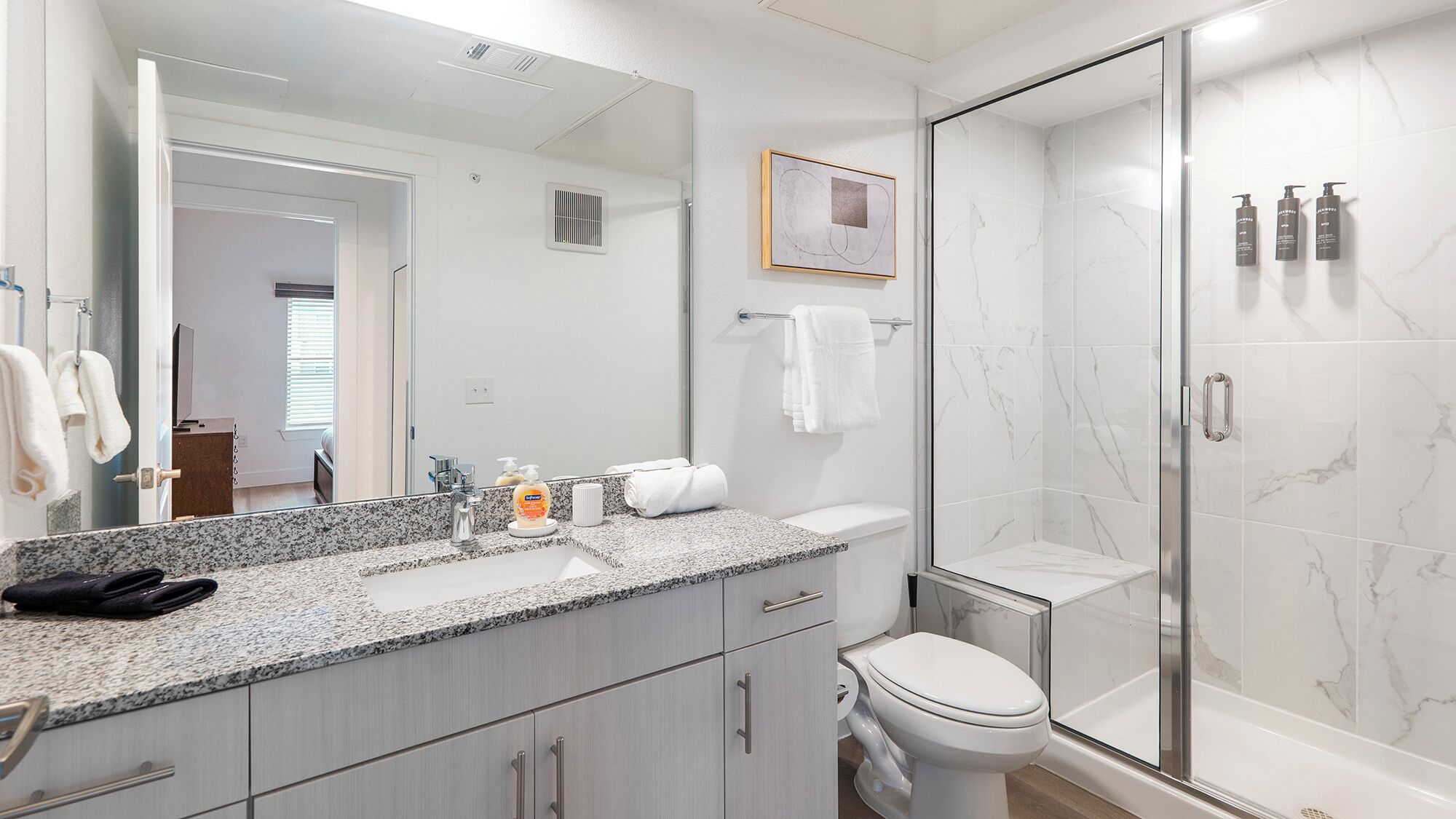 Un bagno moderno con un piano in granito, un water, una doccia con porte in vetro e un quadro appeso al muro.