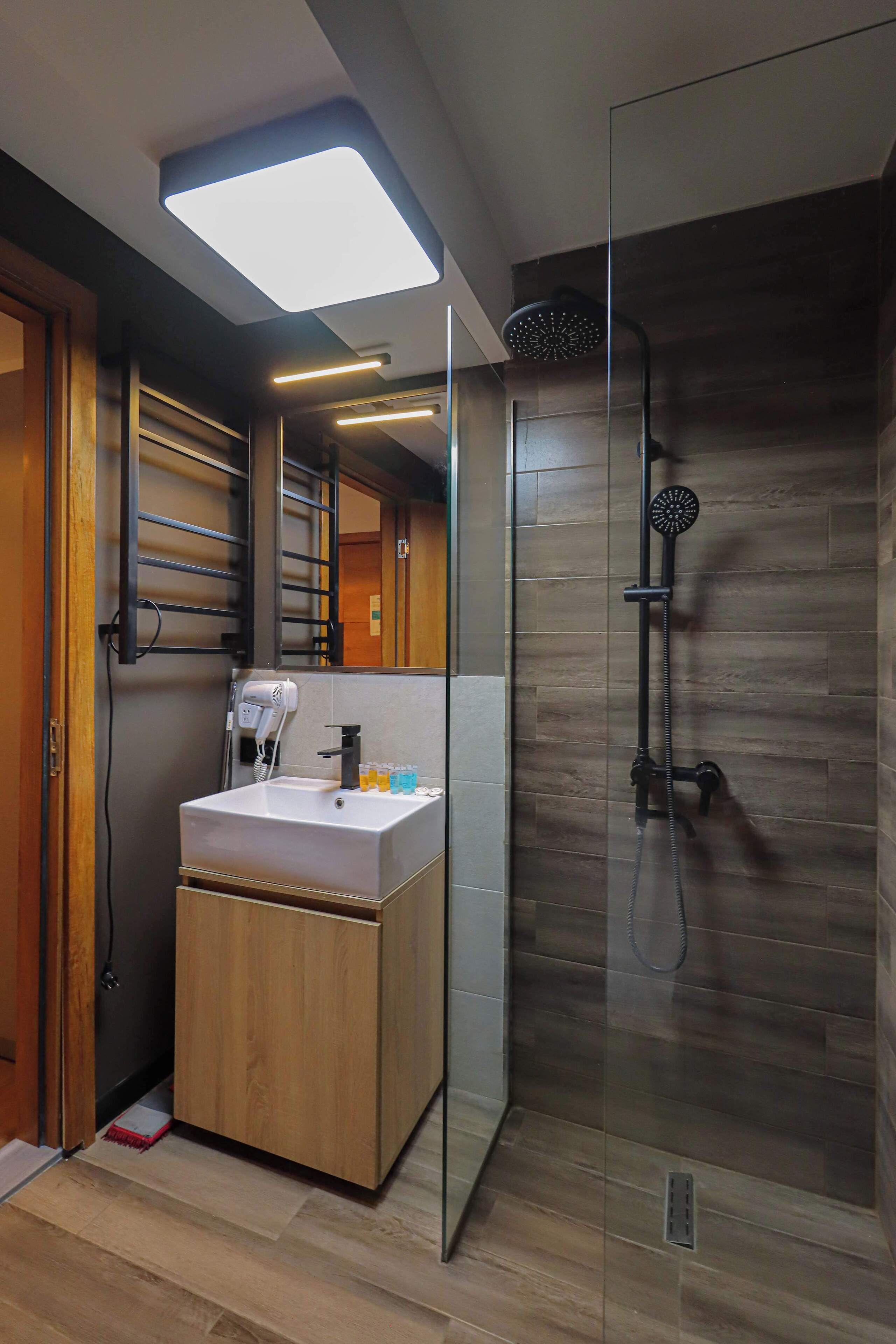 Shower, hair dryer, towels