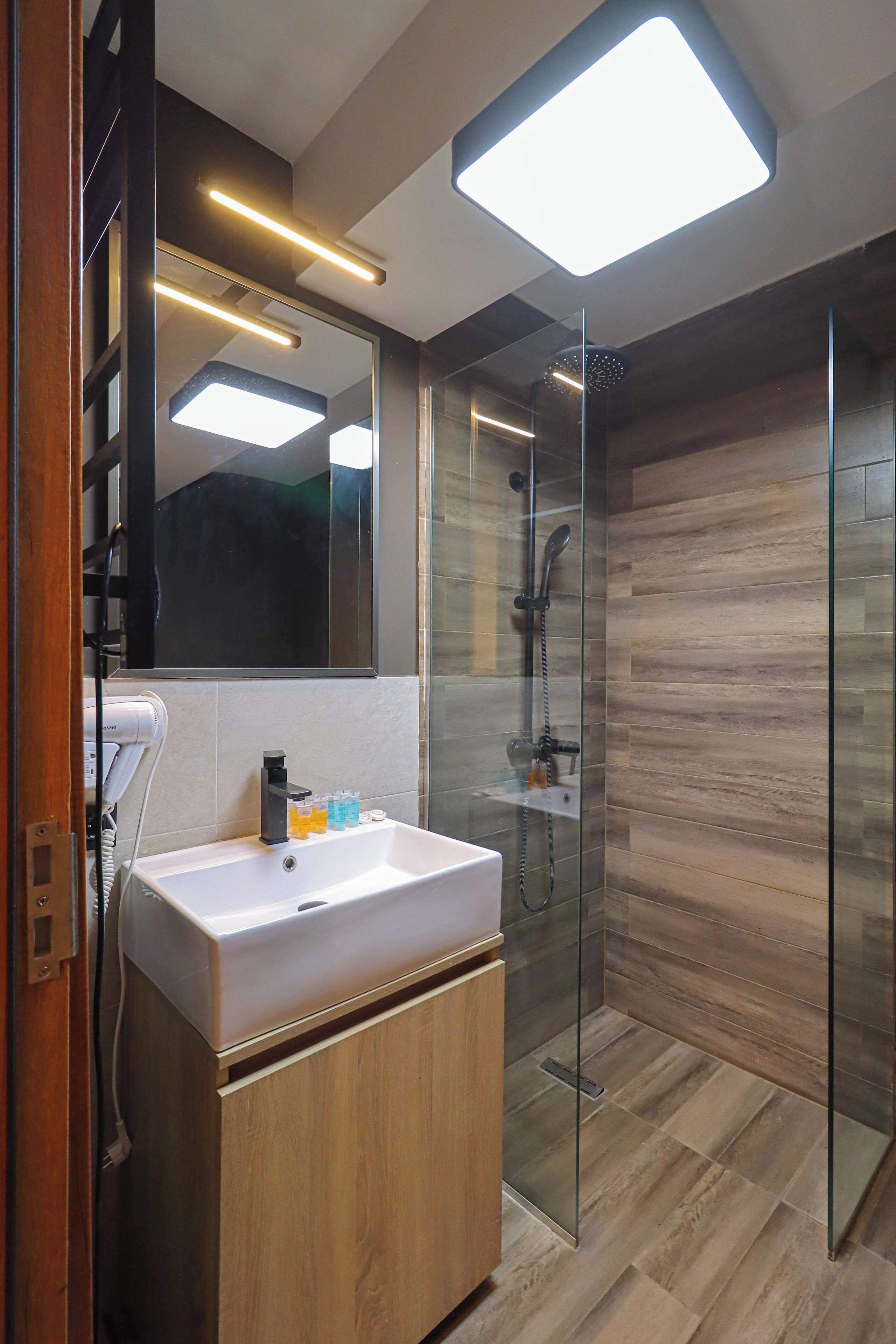 Shower, hair dryer, towels