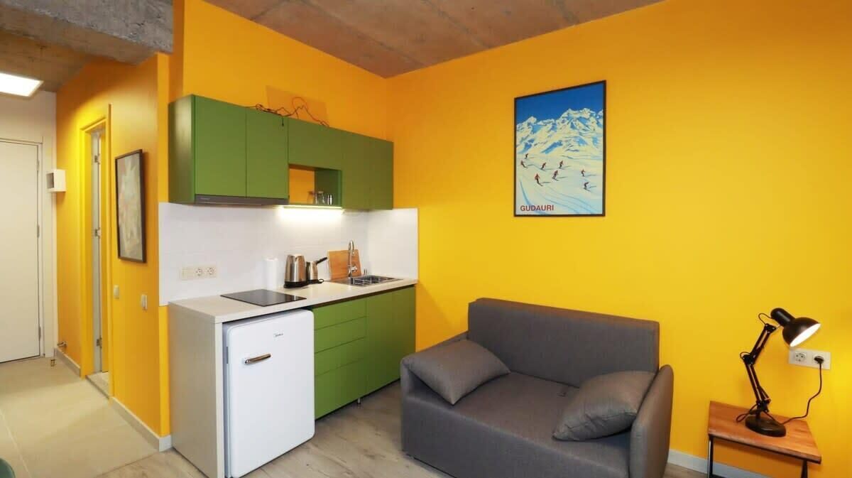 Un espace de vie compact comprenant un coin cuisine, un canapé et un tableau accroché au mur.