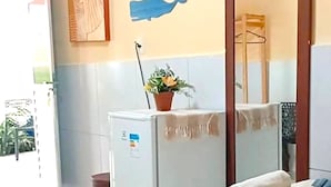 Une chambre d’hôtel avec un lit recouvert de draps bleus, un petit réfrigérateur, une plante en pot et un miroir fixé au mur.
