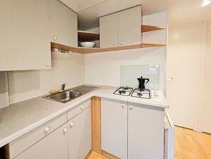 Kabin Comfort, pemandangan gunung | Dapur pribadi | Lemari es kecil, microwave, dan kompor