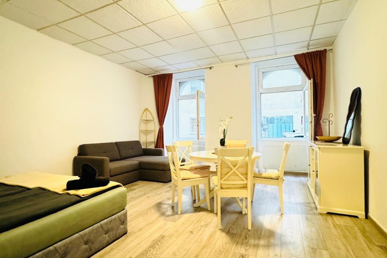 Ein Zimmer mit einem Bett, einem Schlafsofa, einem Esstisch mit Stühlen, einem kleinen Schrank und einem Fenster mit Vorhängen.
