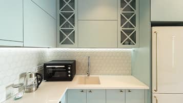 Fridge, stovetop, cookware/dishes/utensils