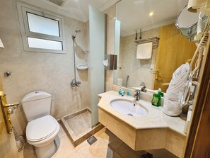 Combined shower/bathtub, hair dryer, towels, soap