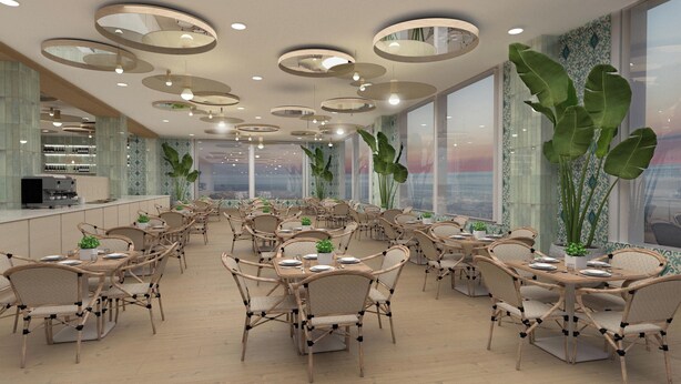 A spacious dining area with round tables and wicker chairs, large windows offering views, and ceiling lights. - Urania Arenal by Soho Boutique (Llucmajor)