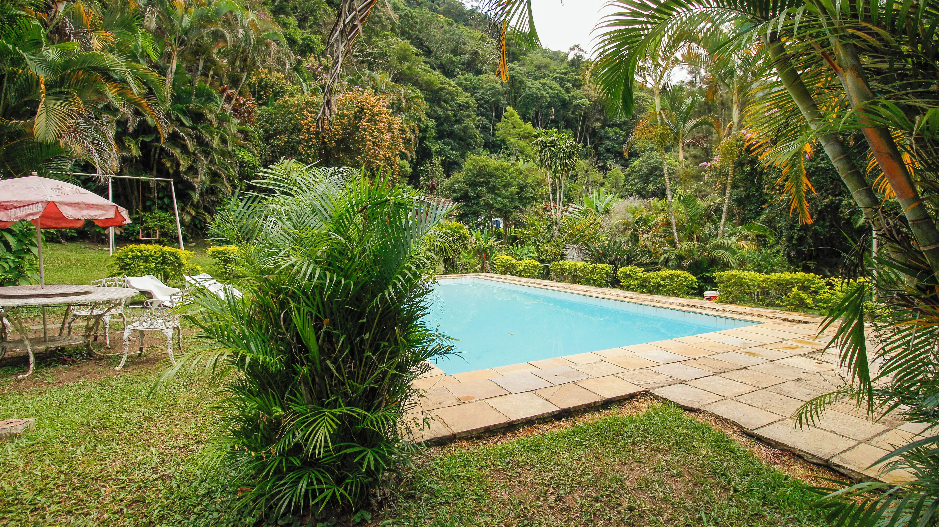 Una piscina al aire libre, sombrillas, tumbonas