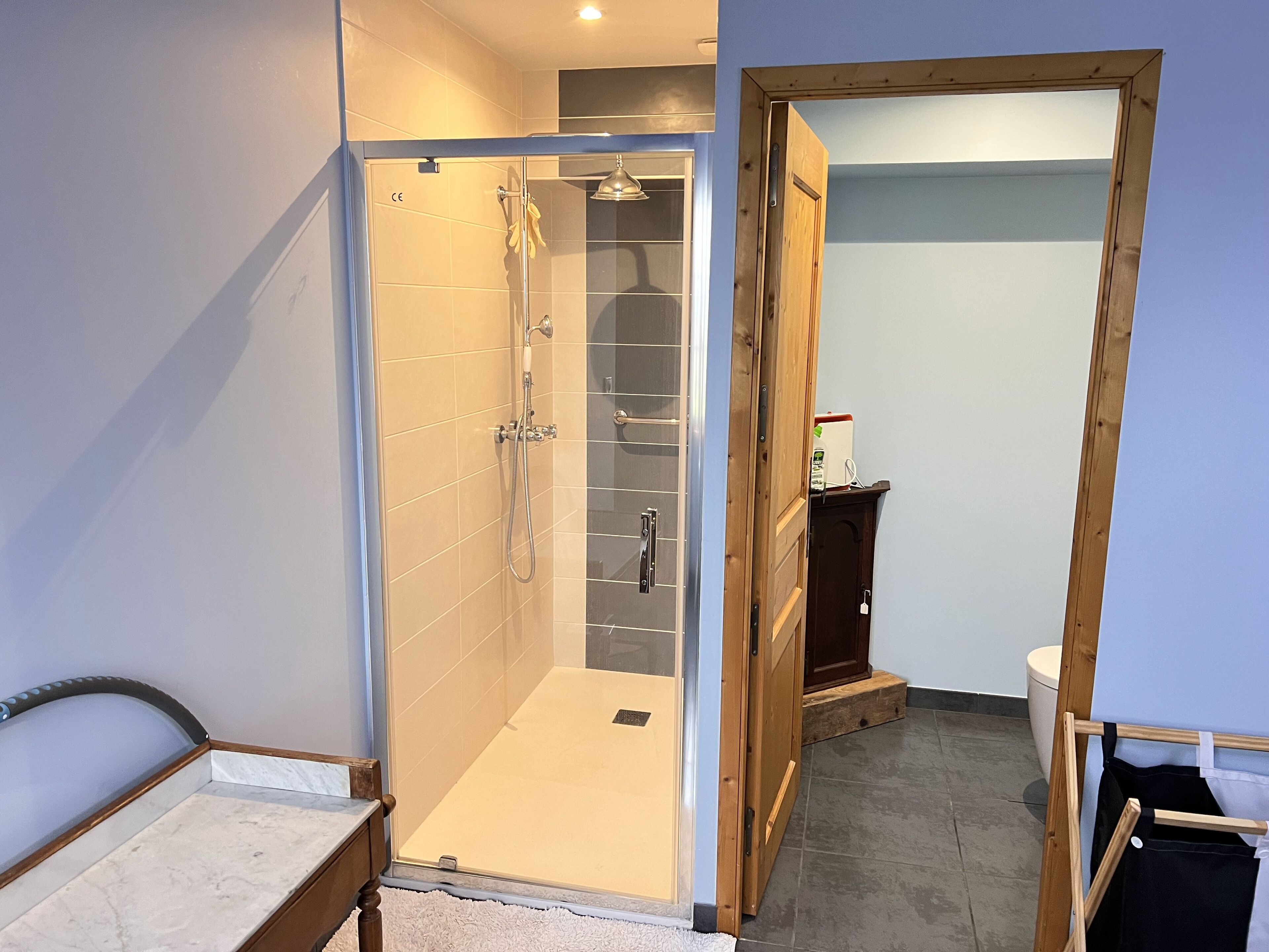 A bathroom with a glass shower enclosure, a wooden door, and a small cabinet.