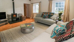 Una sala de estar acogedora con chimenea, un conjunto de sofás y una mesa de centro.
