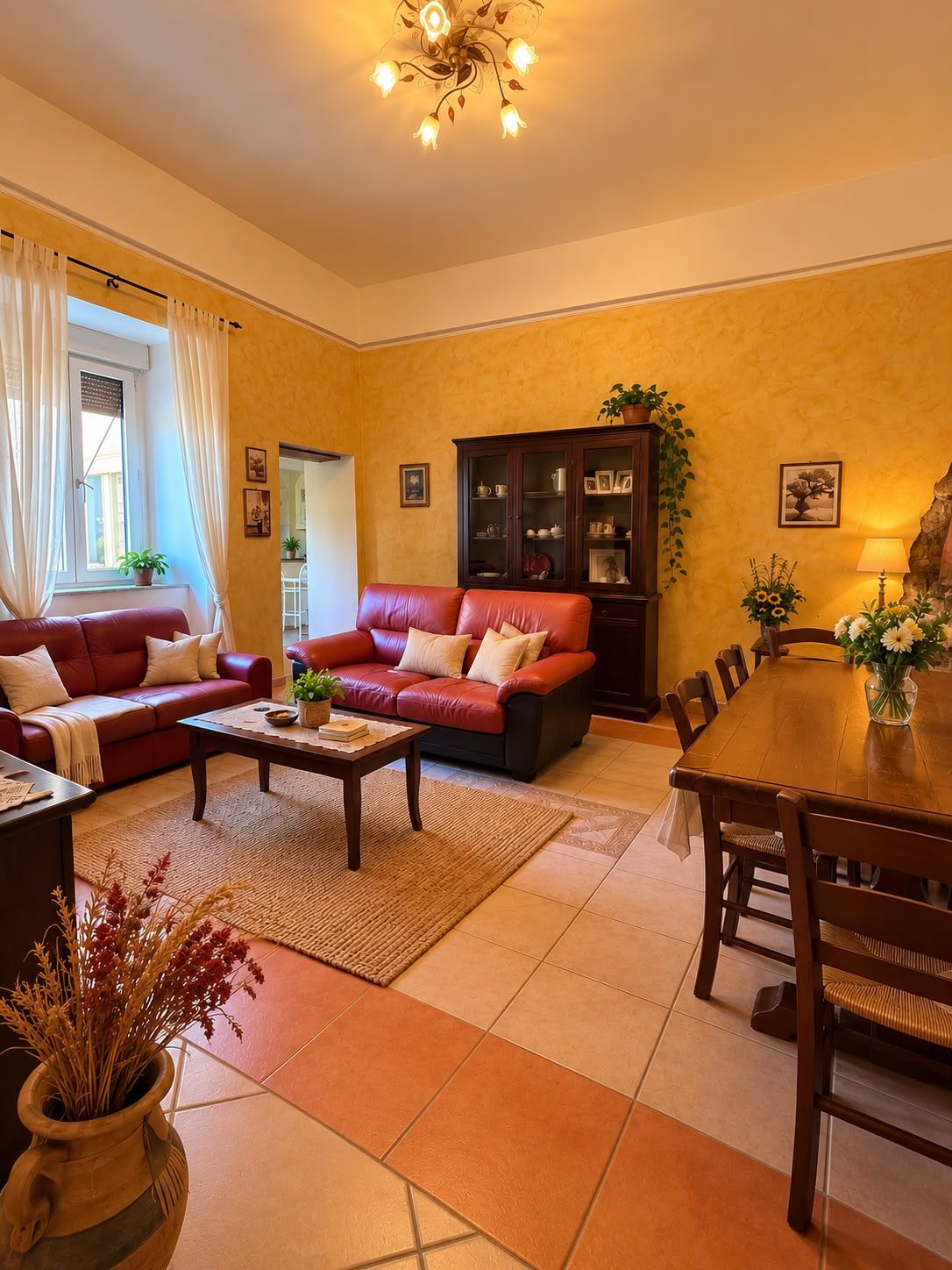 Ein Wohnzimmer mit einer Couch, einem Esstisch und einem Schrank.