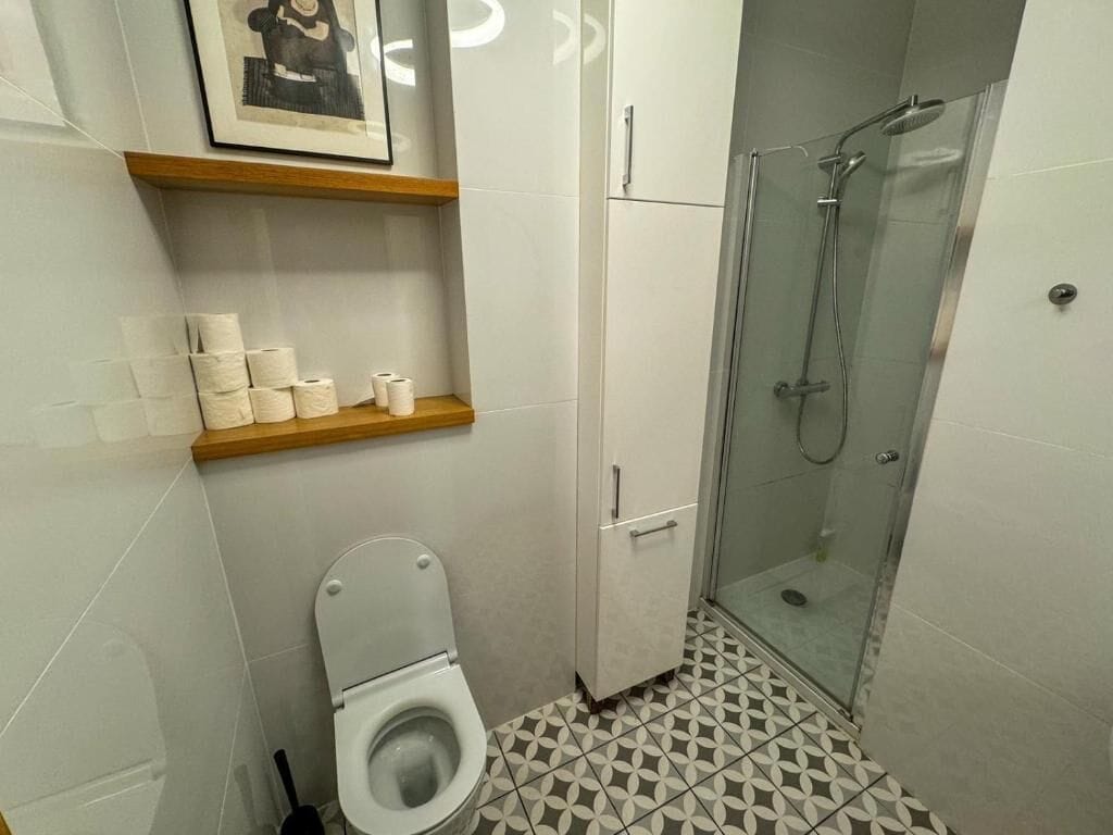 Hair dryer, towels, soap, toilet paper