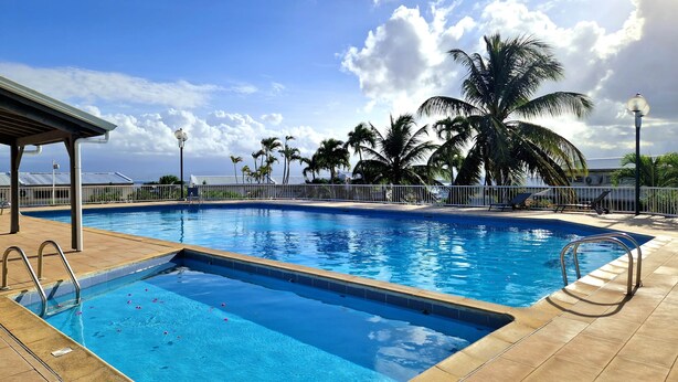 A swimming pool with clear blue water, surrounded by palm trees and a fenced area. - Comfortable studio with terrace, cistern and pool access (Le Gosier)