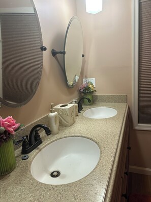 Hair dryer, towels, soap, toilet paper