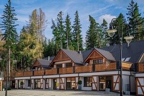 A row of traditional wooden cabins with balconies, set against a backdrop of tall pine trees. - Osada Seidorf (Sosnówka)