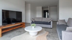 A modern living room with a flat-screen TV on a wooden stand, a grey sofa, a white coffee table with a plant, and a grey rug.