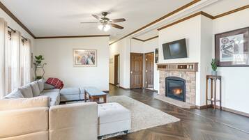 Télévision, cheminée, livres