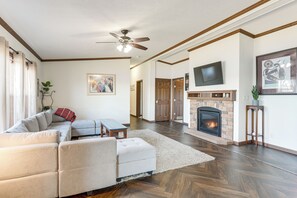 TV, fireplace, books