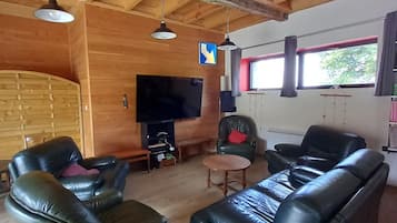 Tv, tv-spel, dvd-spelare och ett bordtennisbord