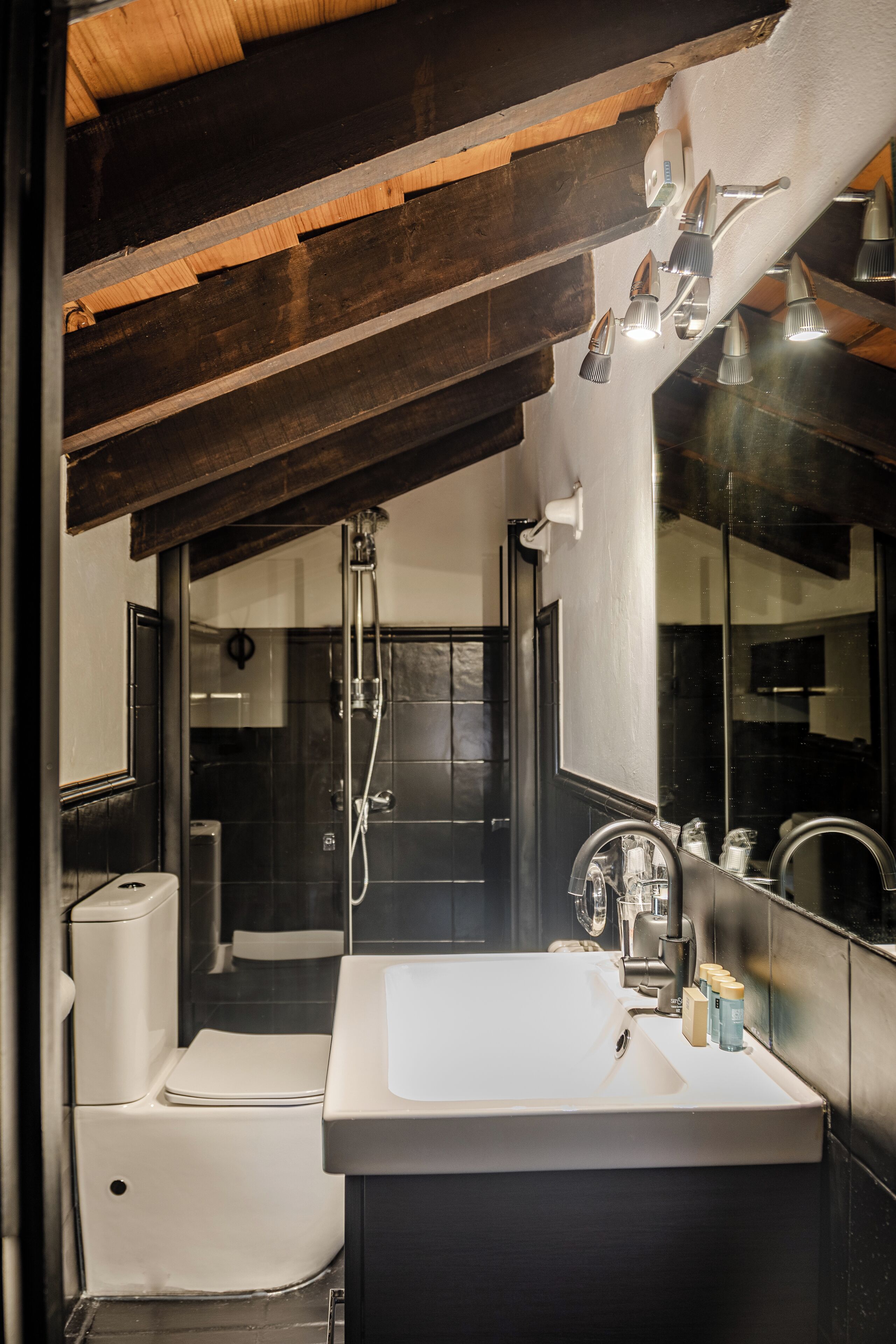 Douche, sèche-cheveux, serviettes fournies, savon