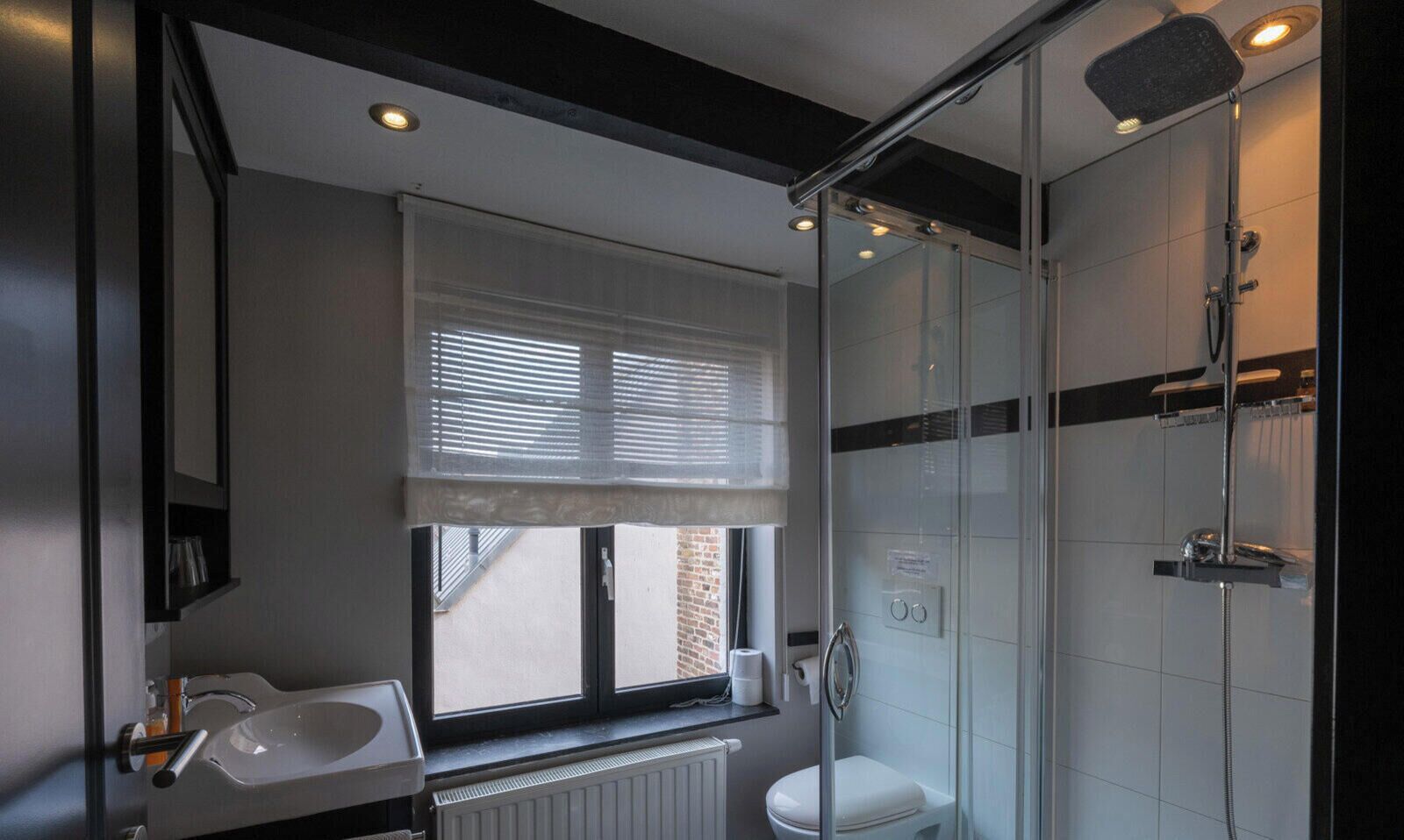 Ein modernes Badezimmer mit Duschkabine aus Glas, Toilette und Waschbecken mit Spiegel.