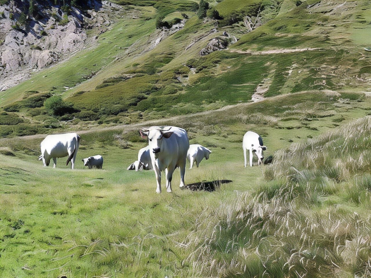 Une colline herbeuse où plusieurs vaches paissent.