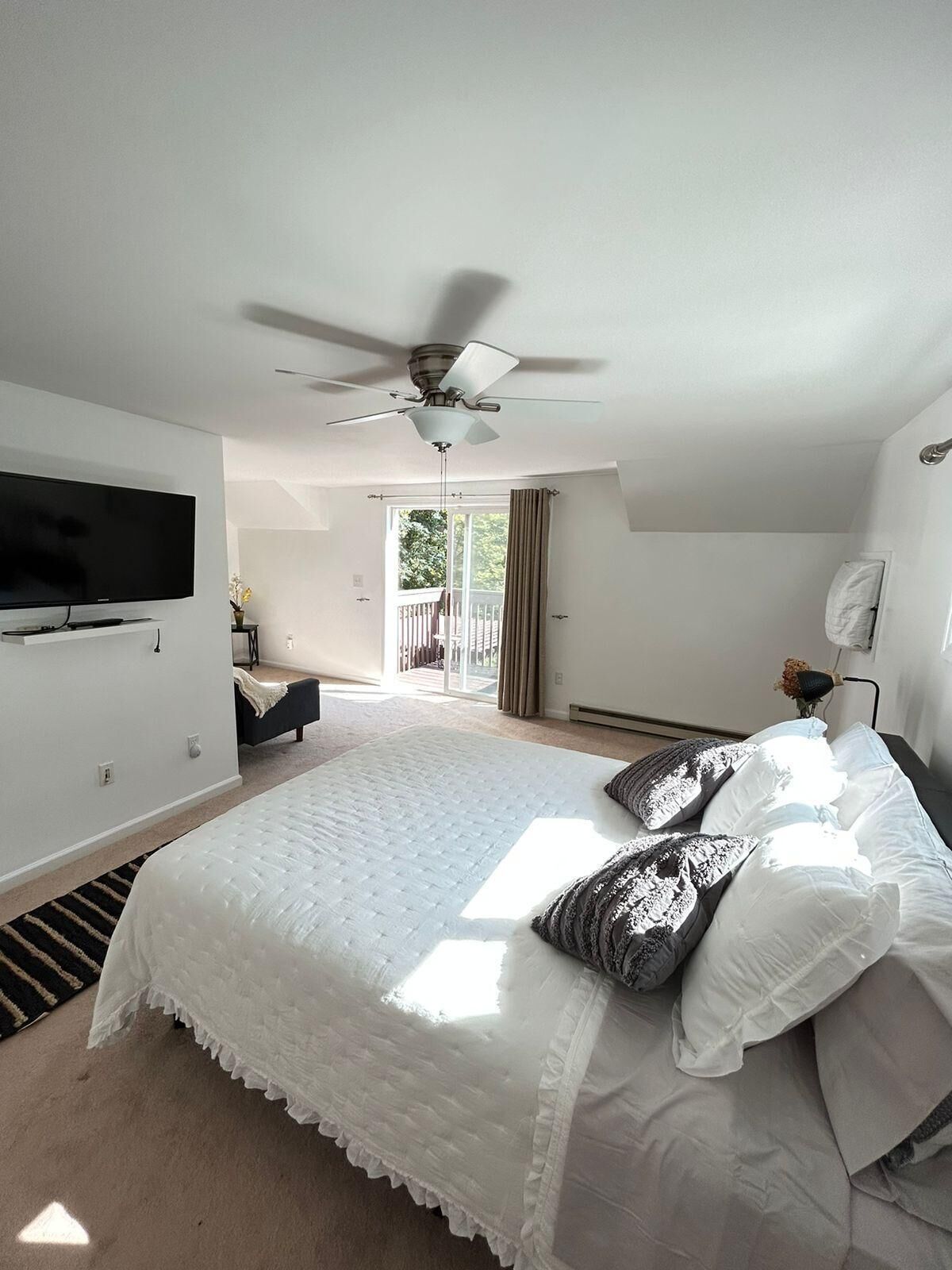 A bedroom with a large bed, a ceiling fan, a TV, and a view of the outdoors.
