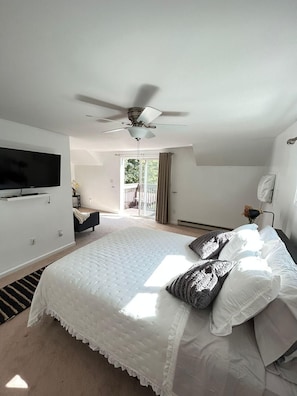 A bedroom with a large bed, a ceiling fan, a TV, and a view of the outdoors. - Beautiful & Spacious Home (Stamford)