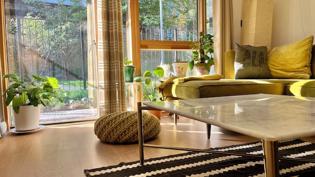 Ein modernes Wohnzimmer mit einer Couch, einem Couchtisch und Blick auf einen Garten durch große Fenster.