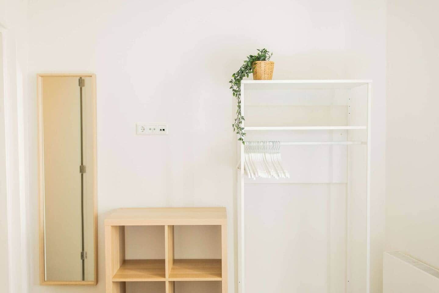 Ein Zimmer mit einem Holzkasten, einem Spiegel, einem weißen Heizkörper und einer weißen Regalwand mit hängender Pflanze.