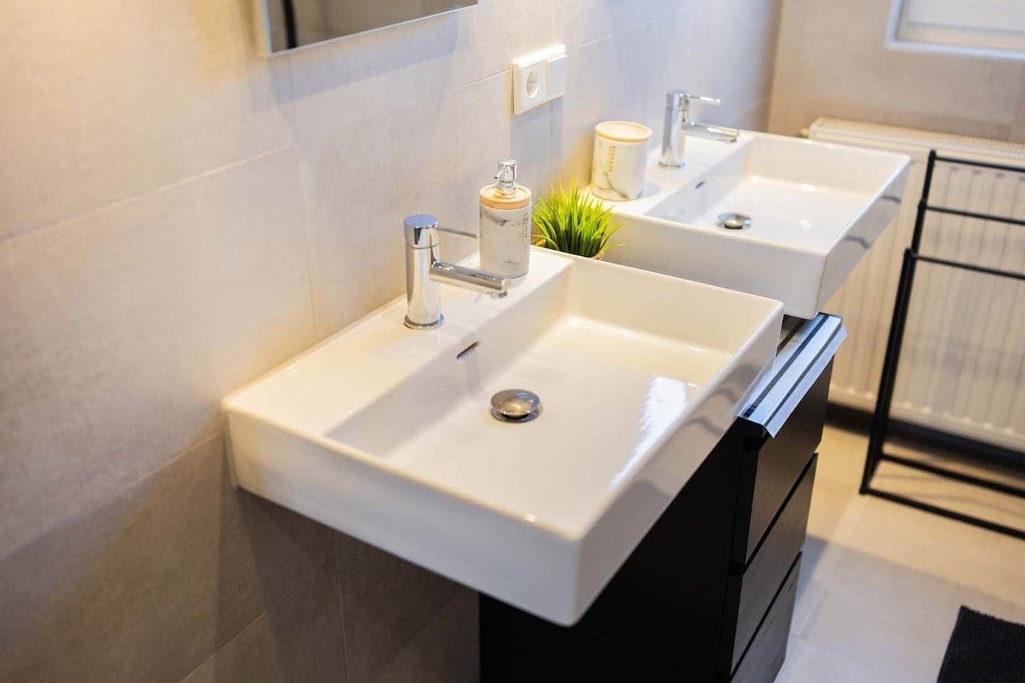 Een moderne badkamer met twee witte wasbakken, een spiegel en een kleine plant.