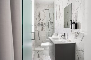 Hair dryer, towels, soap, shampoo