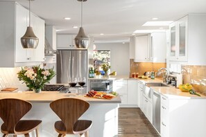 Fridge, microwave, oven, stovetop - Chic Gem with Game Room, 5-Min Drive to Pearl St & CU (Boulder)