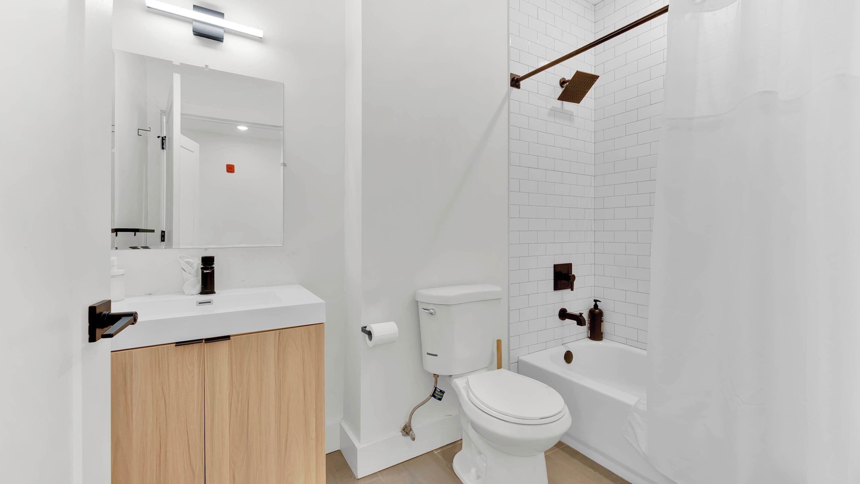 Shower, hair dryer, shampoo