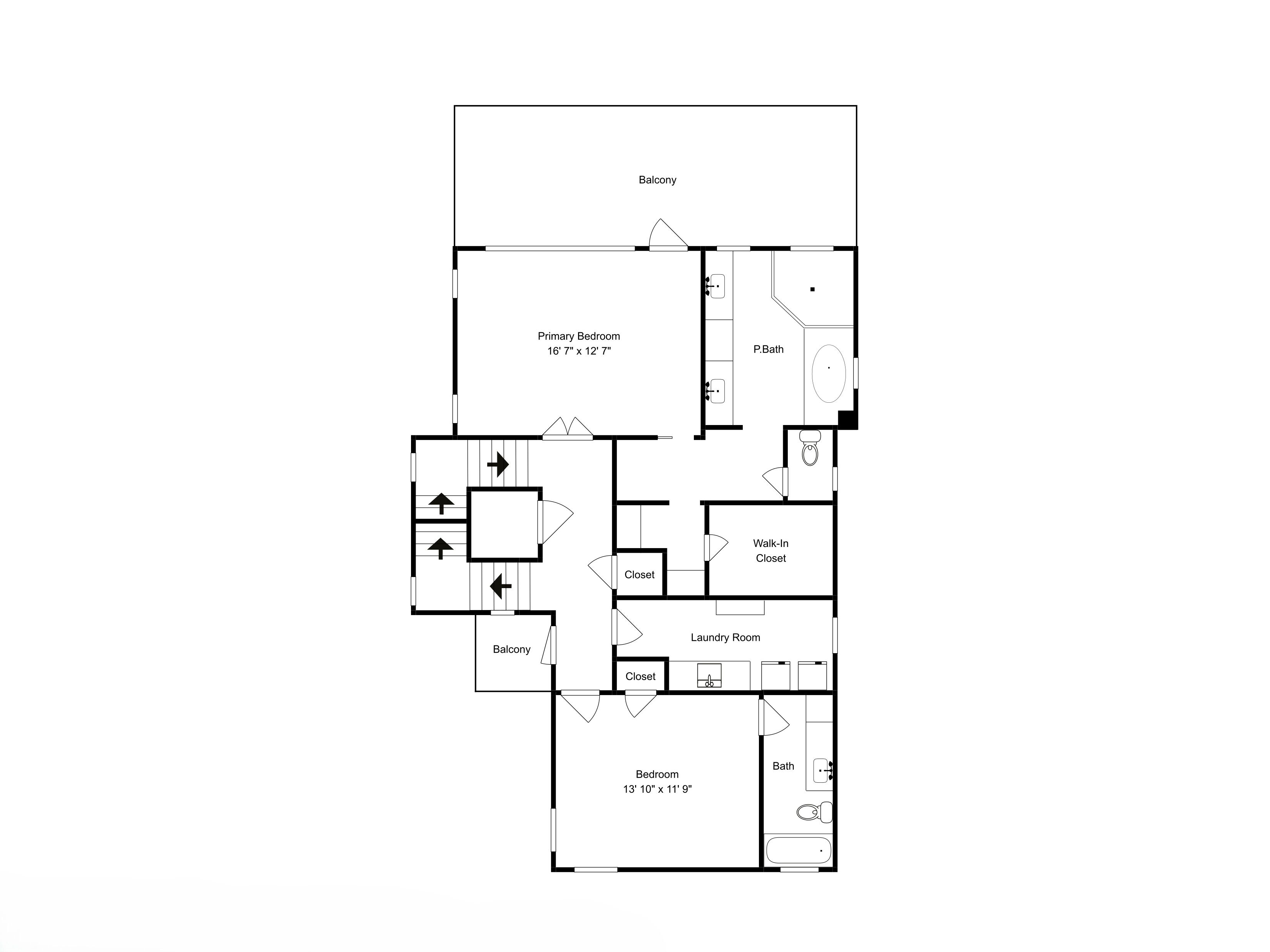 Un plan d’étage d’un hôtel comprenant une chambre principale, un balcon, un dressing, une buanderie et une chambre plus petite.