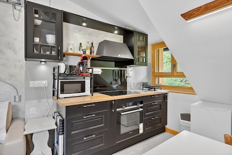 Fridge, microwave, oven, stovetop. Studio Apartment 'En Montagne, Mercantour' with Mountain View, Shared Garden and Wi-Fi
