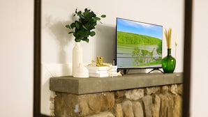 Una chimenea de piedra con un televisor de pantalla plana que muestra un paisaje pintoresco.
