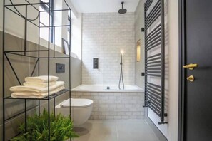 Secador de cabelo, toalhas de banho, papel higiênico 