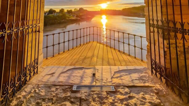 A wooden deck with metal railings overlooking a river at sunset. - De Standing Avignon Apartment with Wi-Fi and Air Conditioning (Avignon)